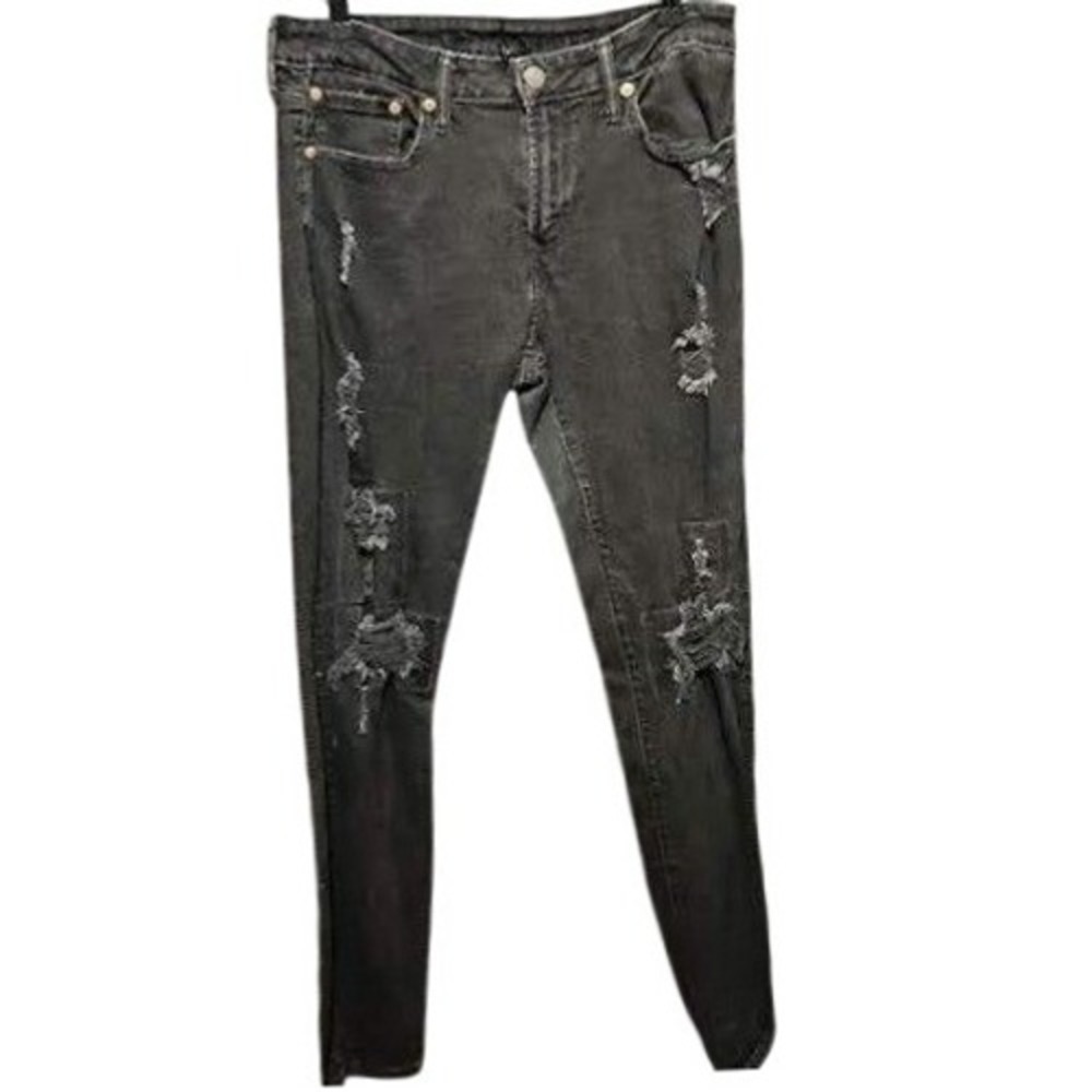 Mens American Eagle Black Distressed Ripped‎ Skinny Jeans PunK Fashion